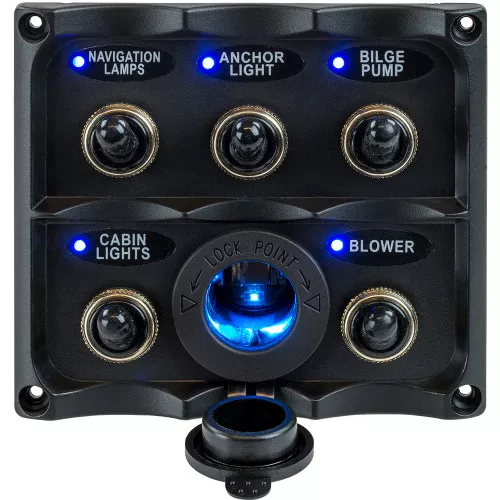 424627-1 Sea-Dog Water Resistant Toggle Switch Panel w/LED Power Socket - 5 Toggle