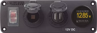 Blue Sea Water-resistant 12v 15a Circuit Accessory Panel Socket, Dual USB, Volt Meter - 4366-BSS